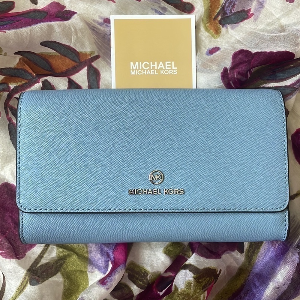 Brand New Michael Kors Genuine Leather Chambray Blue Snap Wallet Clutch - Picture 2 of 16